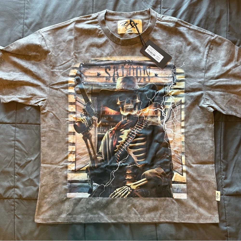 Gray Graphic Tee with Skeleton Design